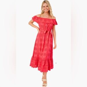 Lilly Pulitzer Liabella Off Shoulder Midi Dress in Coral Sunnyside Eyelet - S